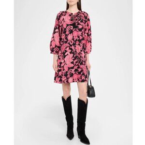 Johnny Was 'Alycia' Botanical-Print Tie-Neck Mini-Dress, Black/Pink
